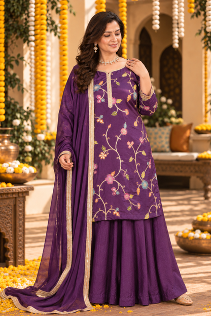Aabroo Purple Silk Skirt Suit With Floral Motifs