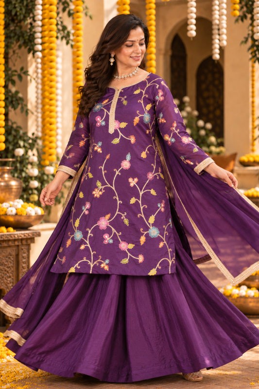 Aabroo Purple Silk Skirt Suit