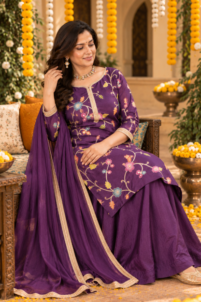Aabroo Purple Silk Skirt Suit With Floral Motifs