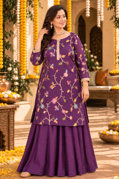 Aabroo Purple Silk Skirt Suit With Floral Motifs
