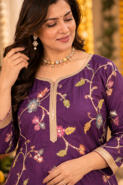 Aabroo Purple Silk Skirt Suit With Floral Motifs
