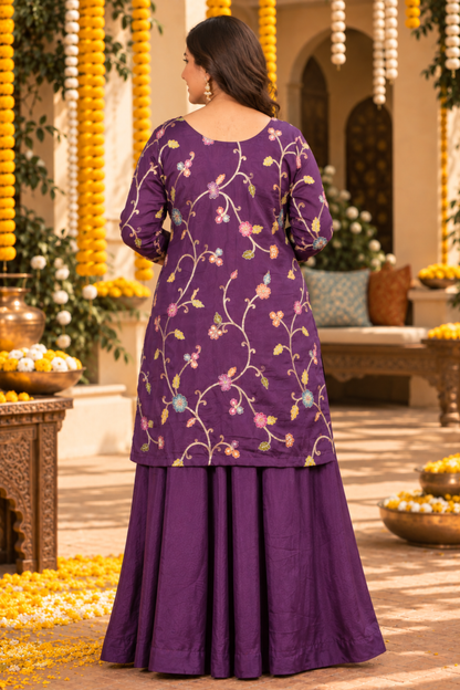 Aabroo Purple Silk Skirt Suit With Floral Motifs