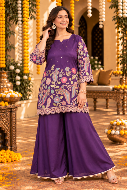 Ziya Purple Silk Co-ord Set With Placement Work