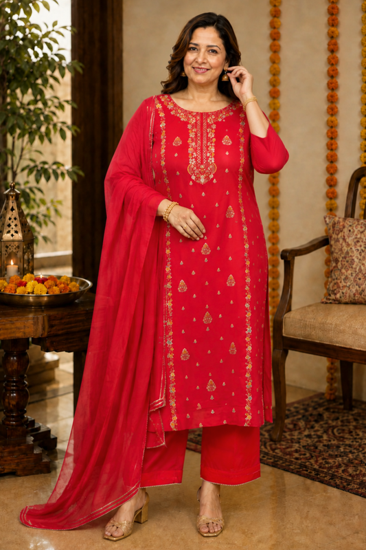 Anunika Red Fancy Chinon Suit