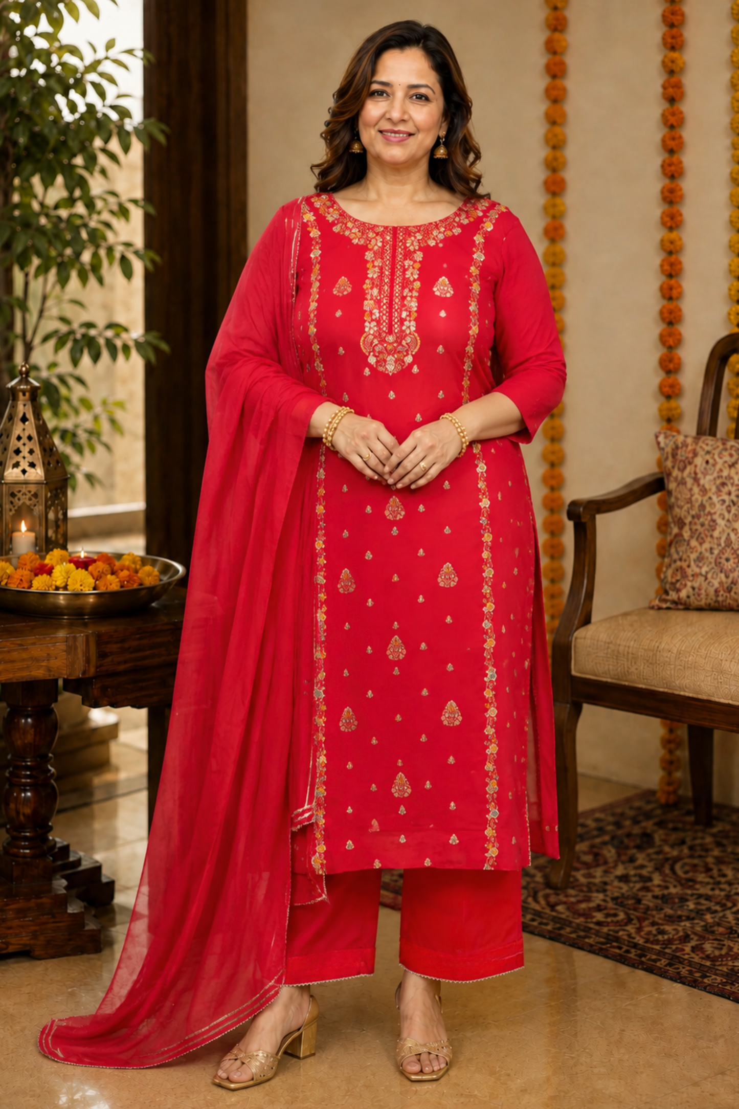 Anunika Red Fancy Chinon Suit