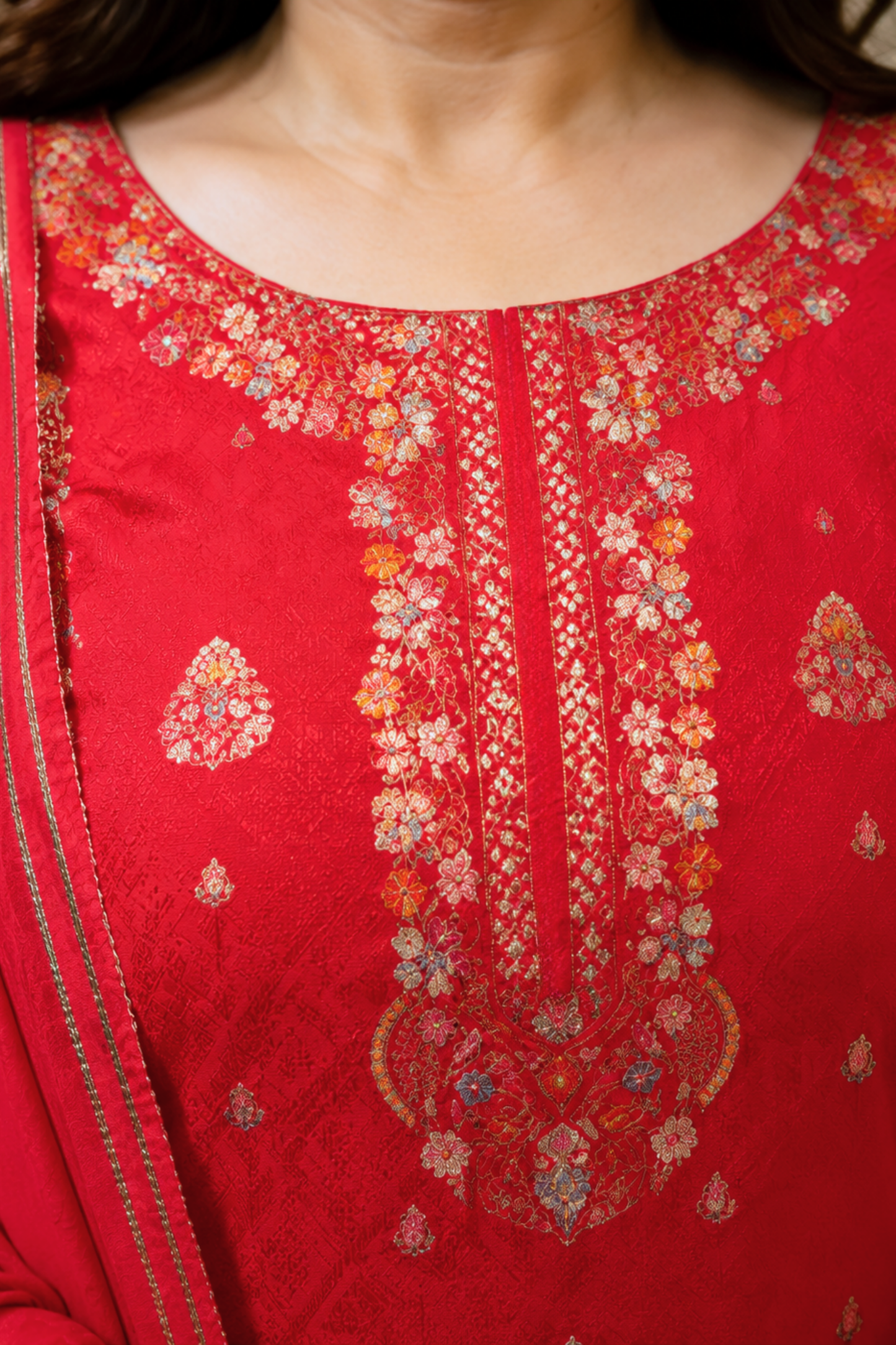 Anunika Red Fancy Chinon Suit