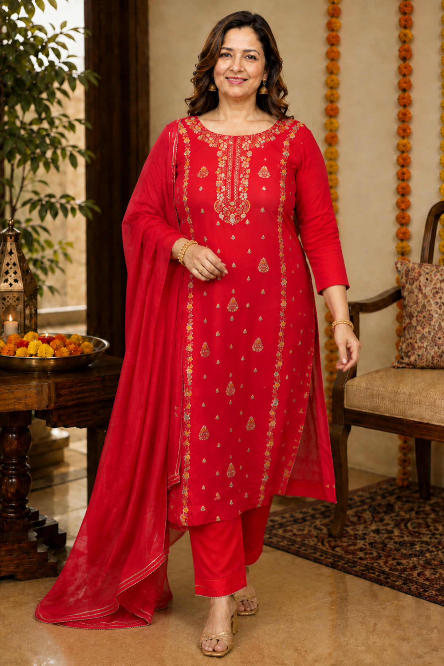 Anunika Red Fancy Chinon Suit