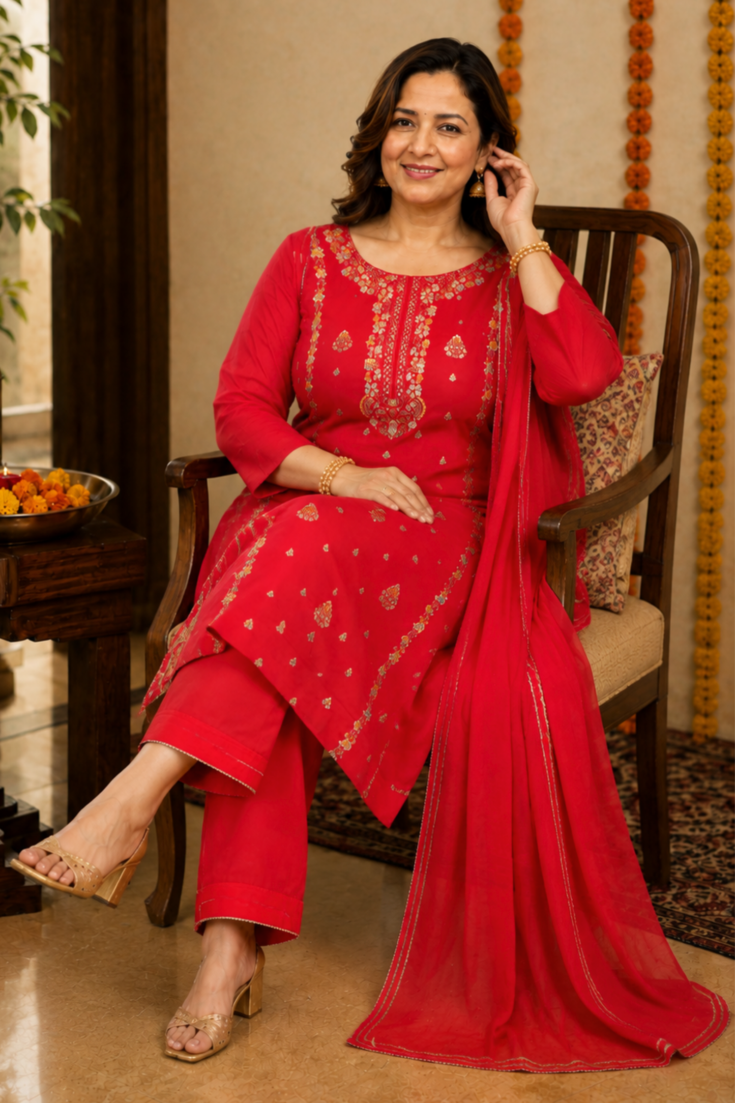 Anunika Red Fancy Chinon Suit