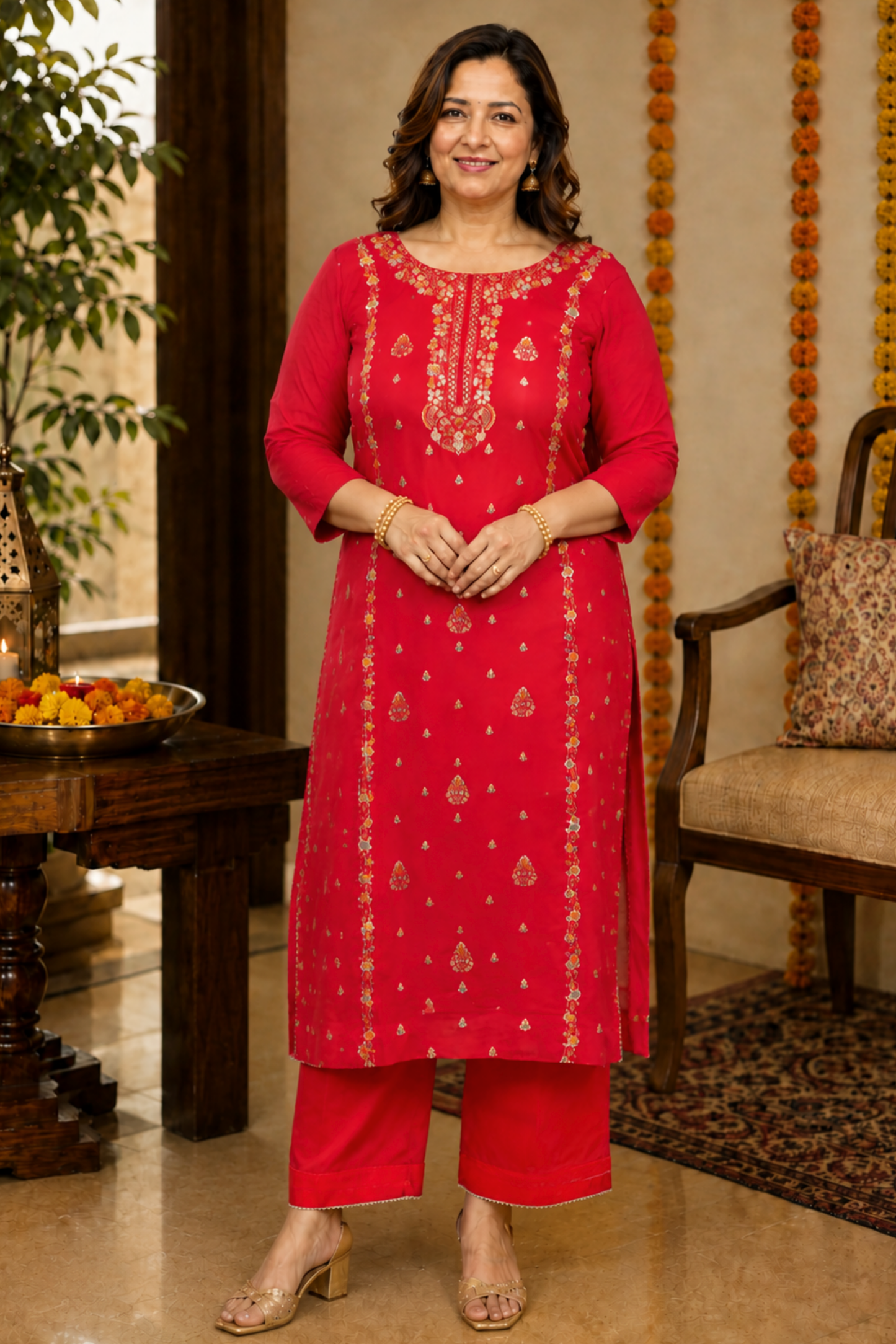 Anunika Red Fancy Chinon Suit