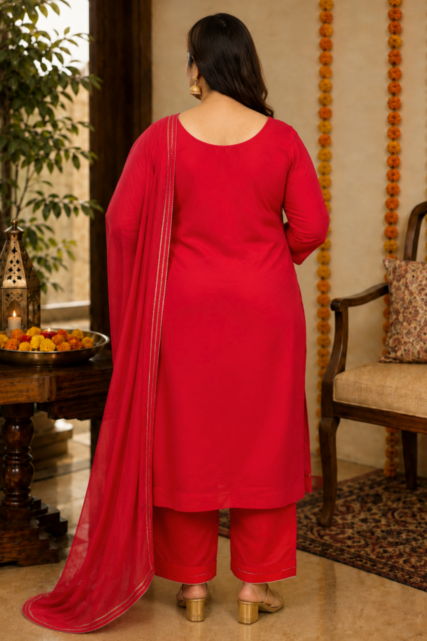 Anunika Red Fancy Chinon Suit