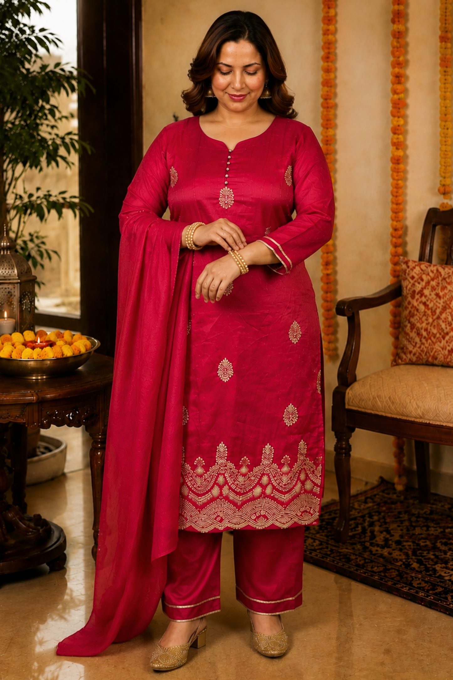 Shagun Red Embroidered Fancy Suit