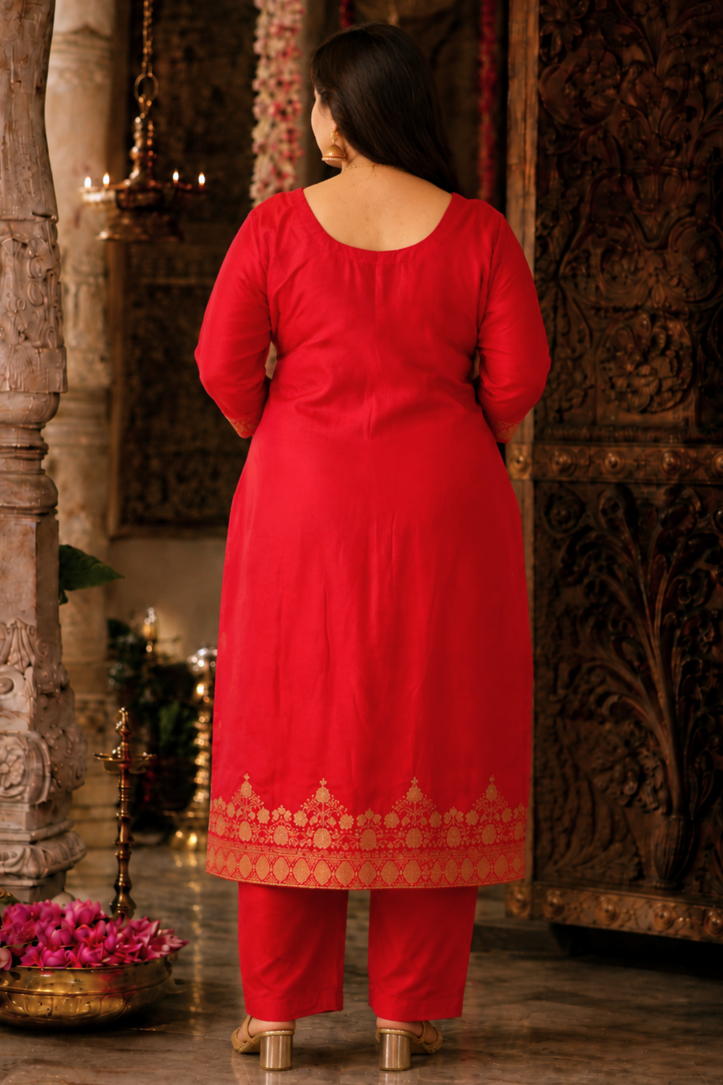 Katyayani Red Jacquard Silk Suit
