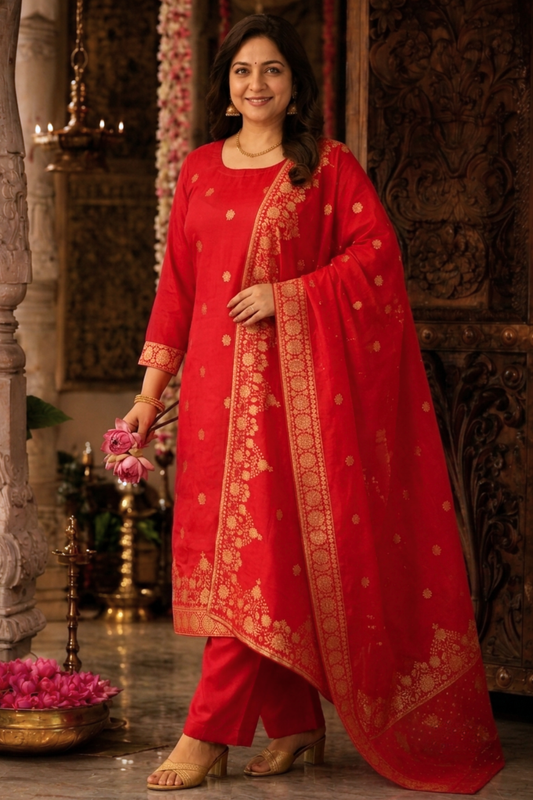 Katyayani Red Jacquard Silk Suit