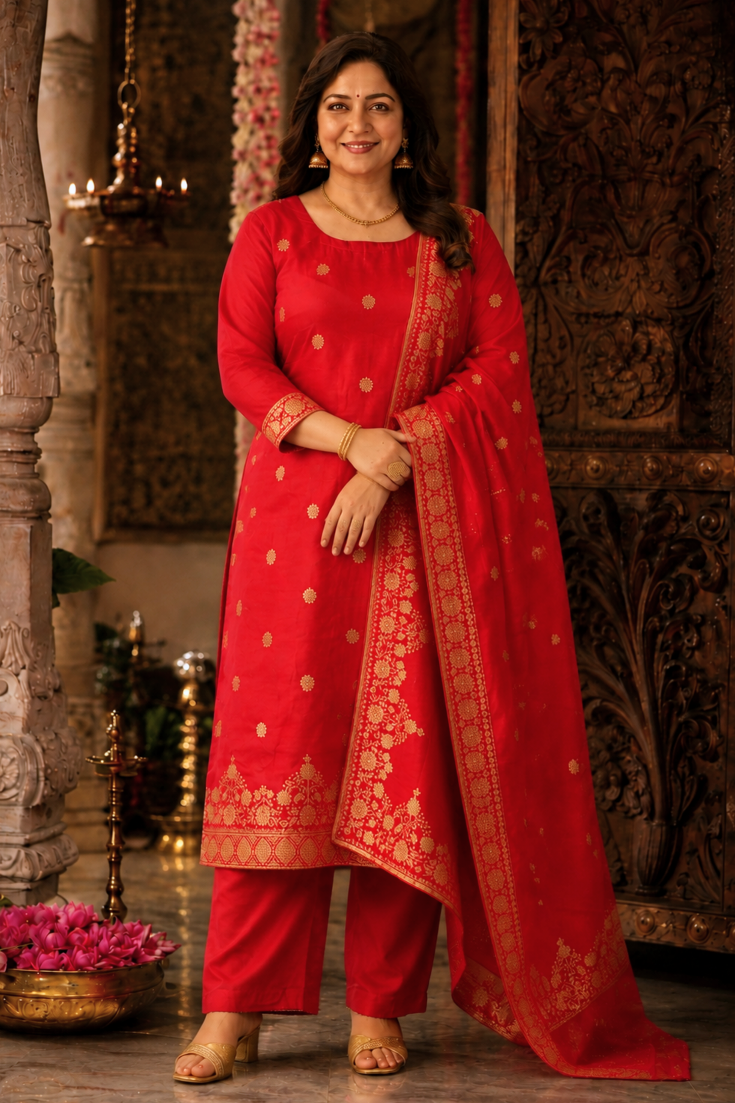 Katyayani Red Jacquard Silk Suit