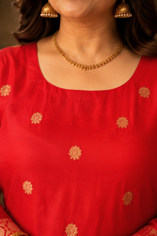 Katyayani Red Jacquard Silk Suit