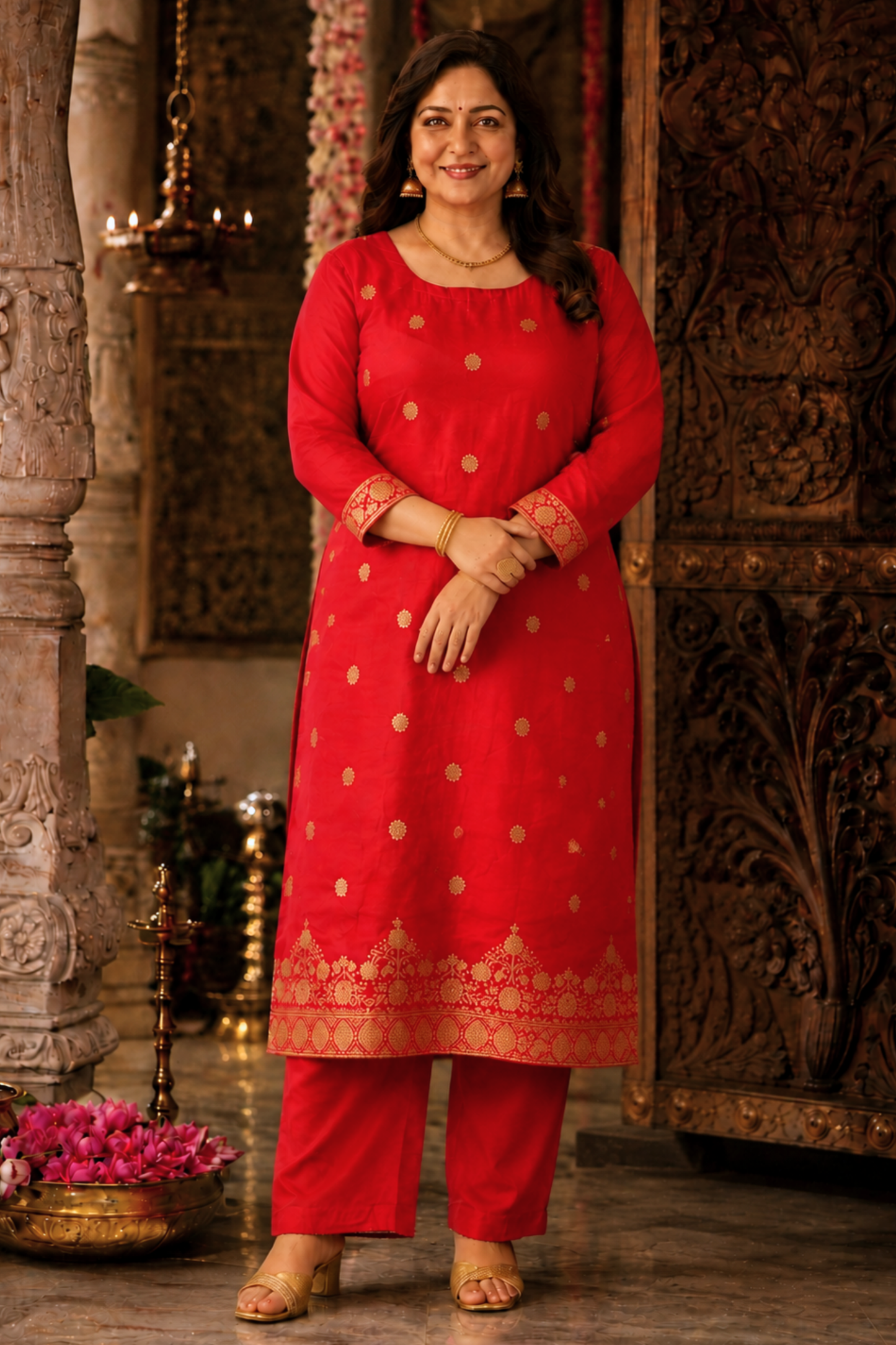 Katyayani Red Jacquard Silk Suit