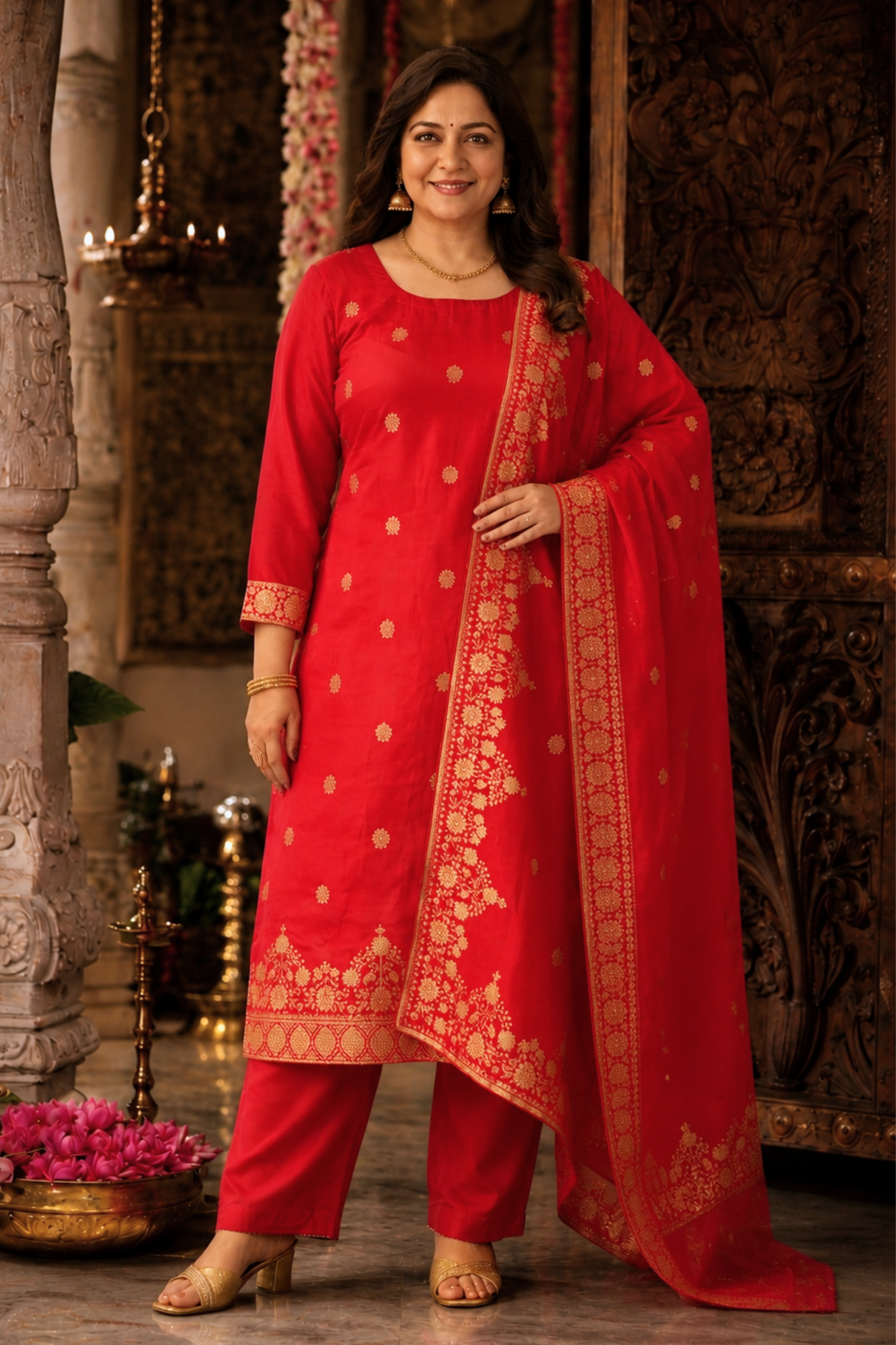 Katyayani Red Jacquard Silk Suit
