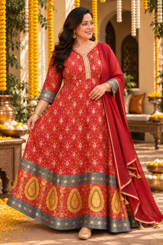 Aarohi Red Silk Dress with Jacquard Weave