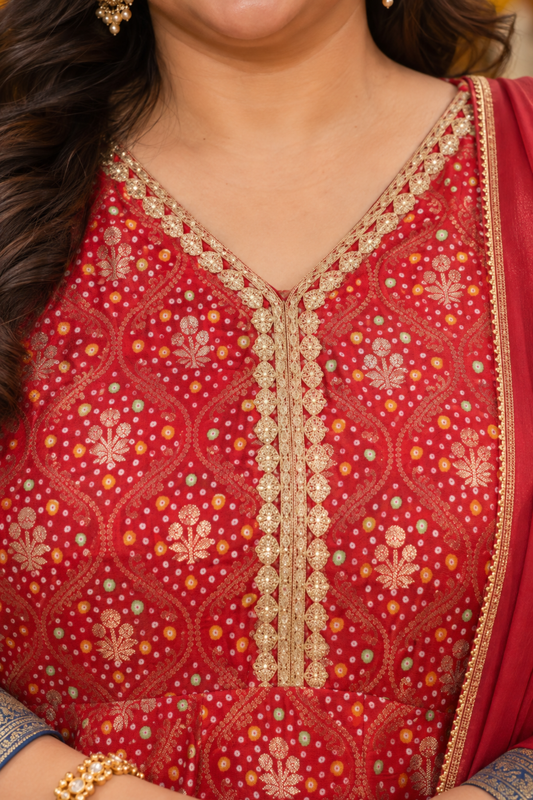 Aarohi Red Silk Dress with Jacquard Weave