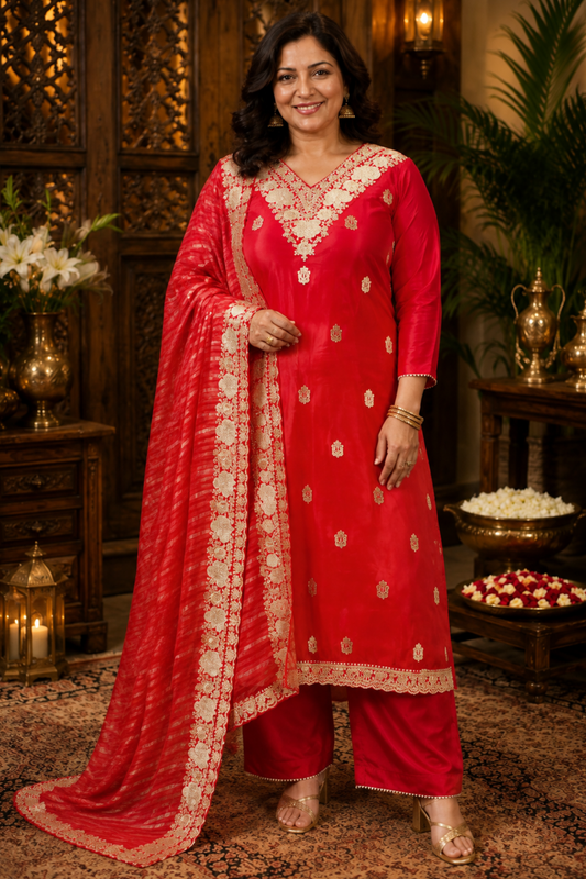 Surkh Laal Suit Set With Zari Embroidery