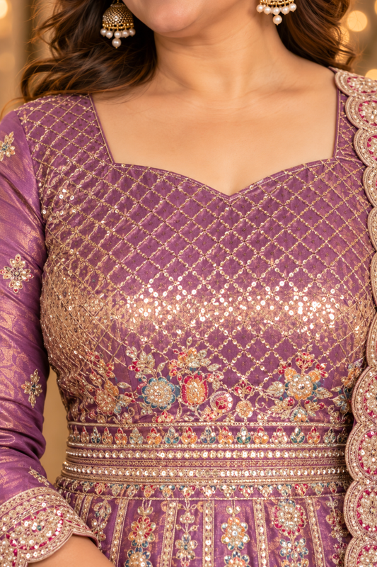 Rivaya Lavender Tissue Zari Embroidered Dress