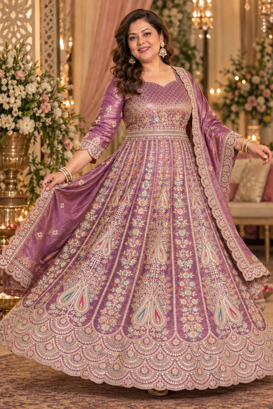 Rivaya Lavender Tissue Zari Embroidered Dress