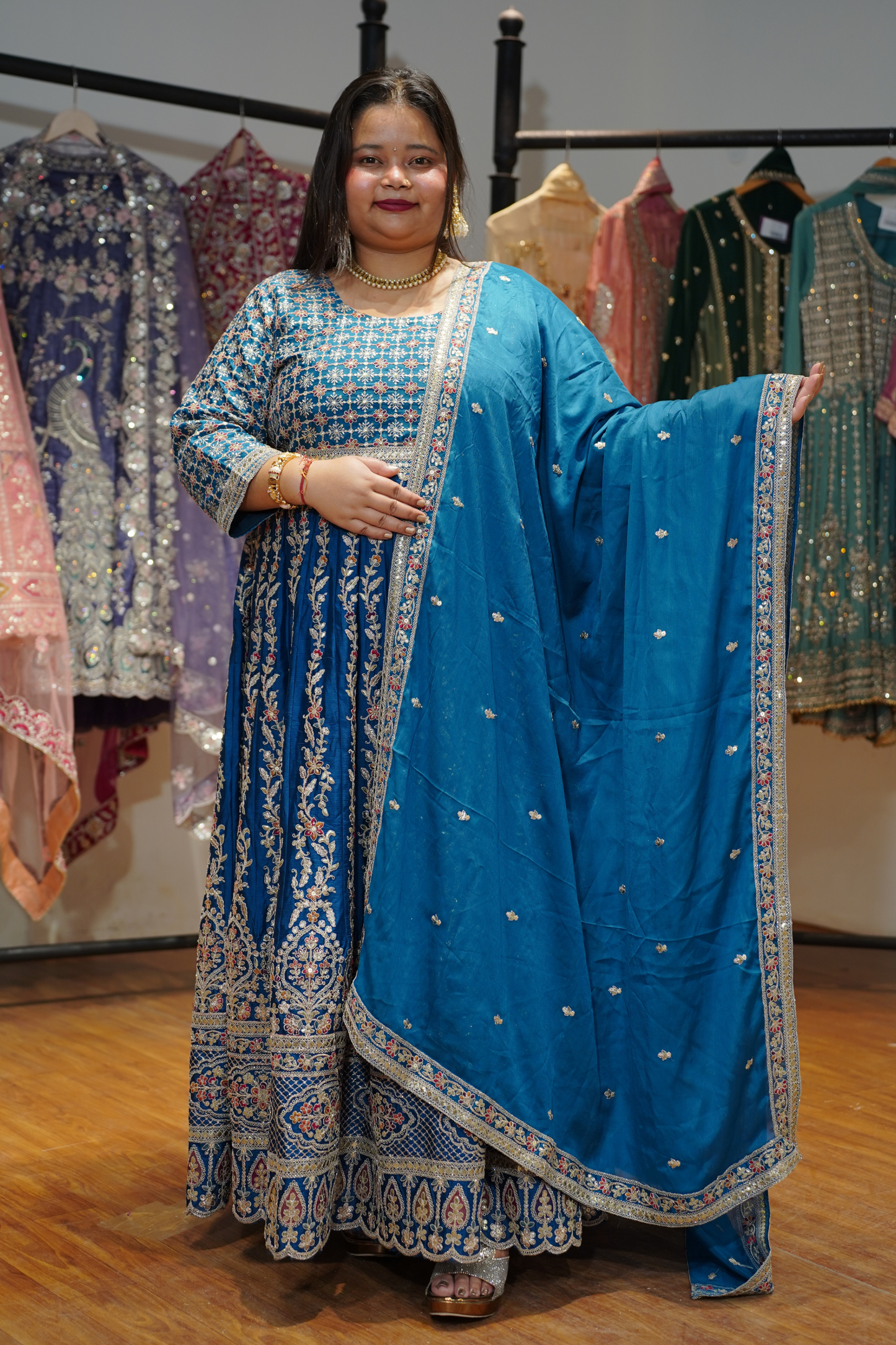 Riyana Navy Embroidered Dress With Dupatta