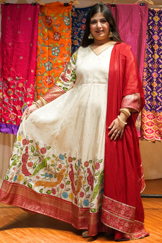 Roha Ivory Silk Dress with Peacock Motifs