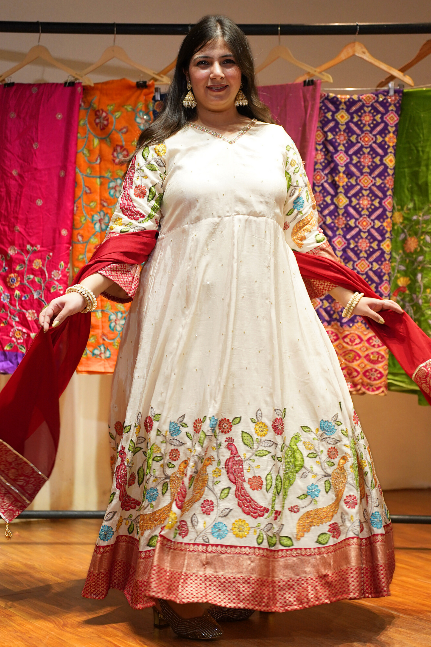 Roha Ivory Silk Dress with Peacock Motifs