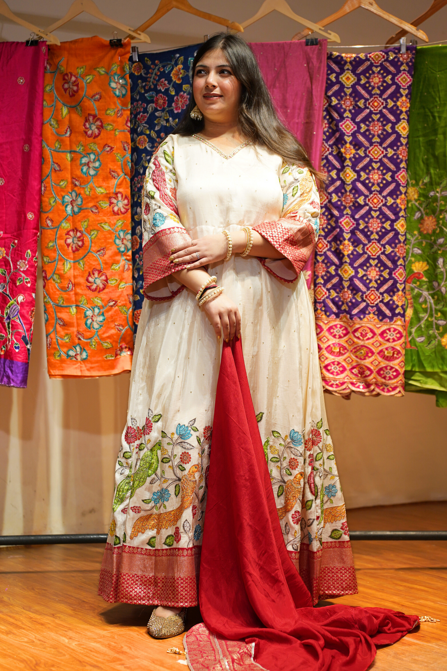 Roha Ivory Silk Dress with Peacock Motifs