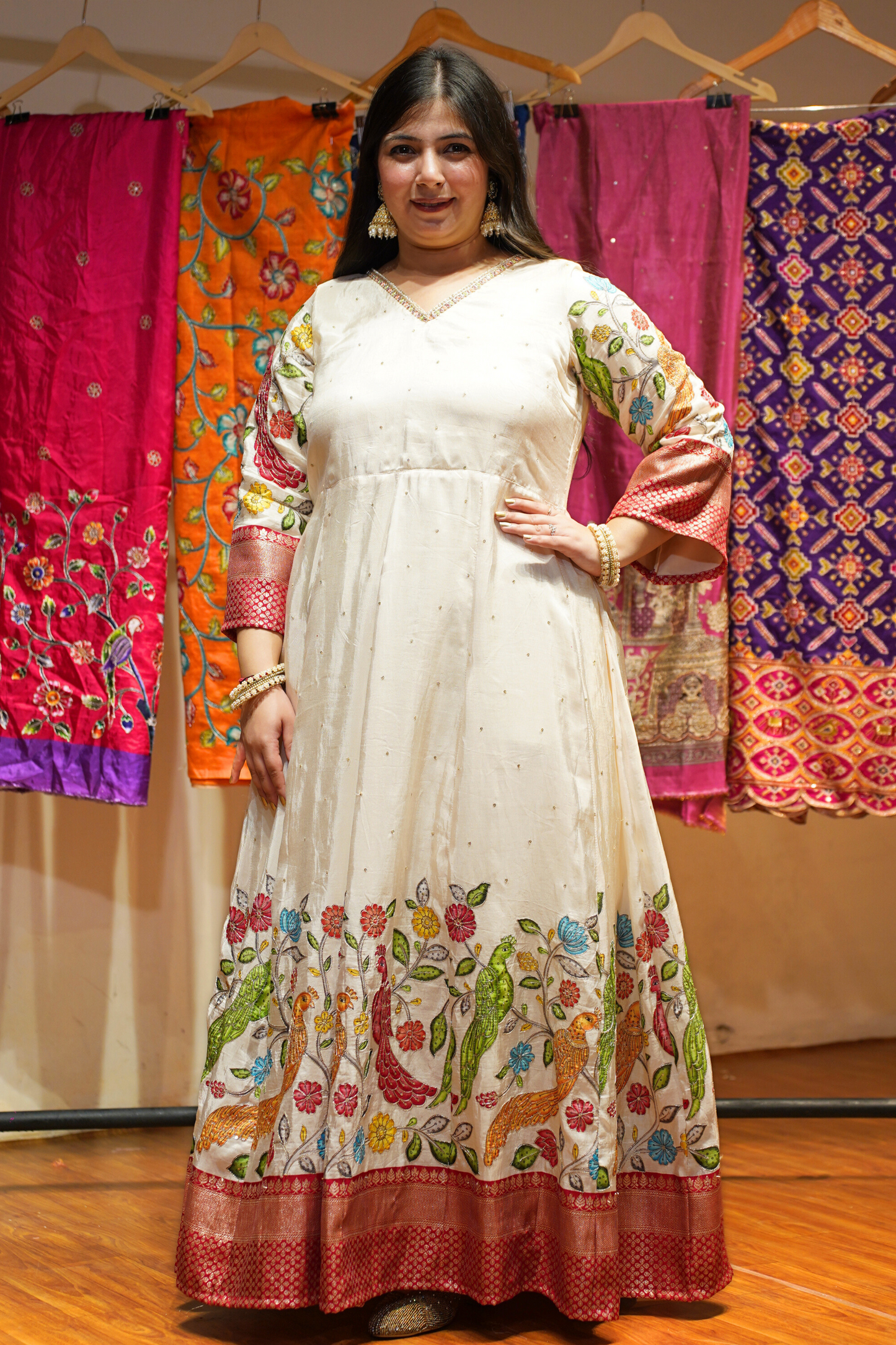 Roha Ivory Silk Dress with Peacock Motifs