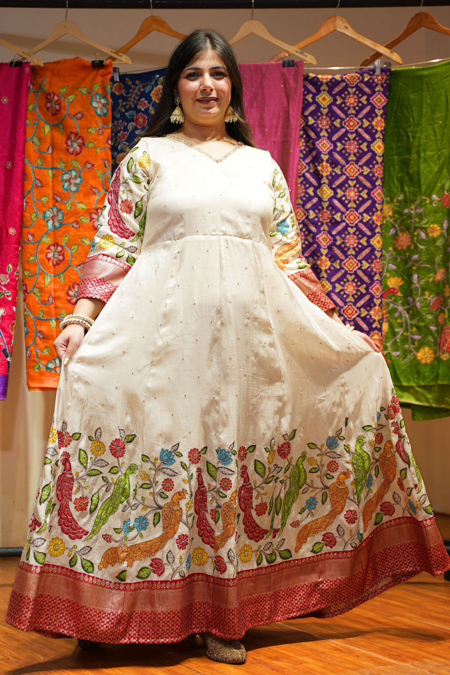Roha Ivory Silk Dress with Peacock Motifs
