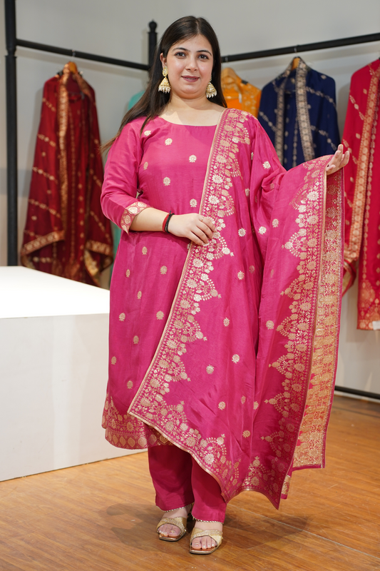 Rohini Pink Jacquard Silk Suit