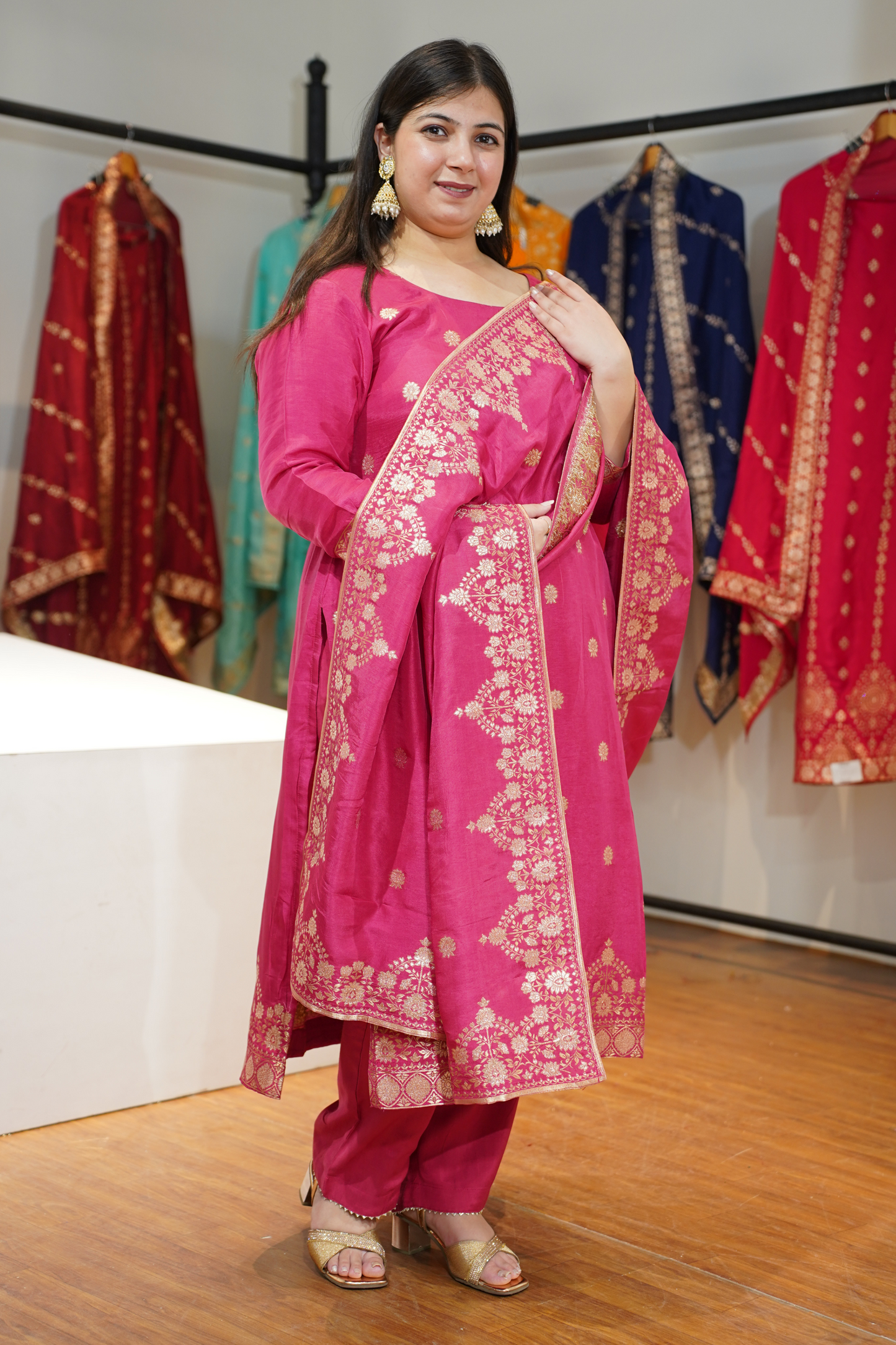 Rohini Pink Jacquard Silk Suit