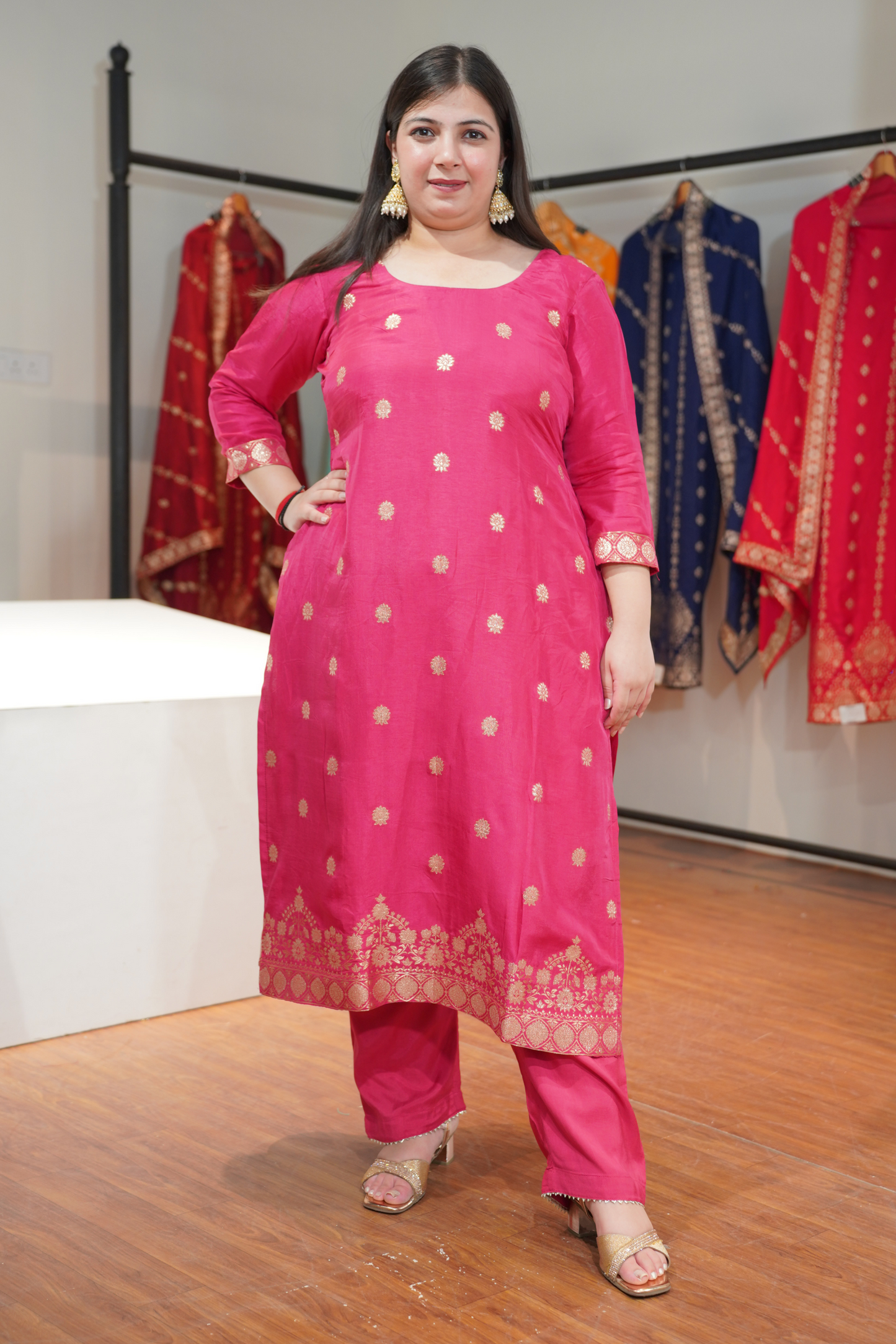 Rohini Pink Jacquard Silk Suit