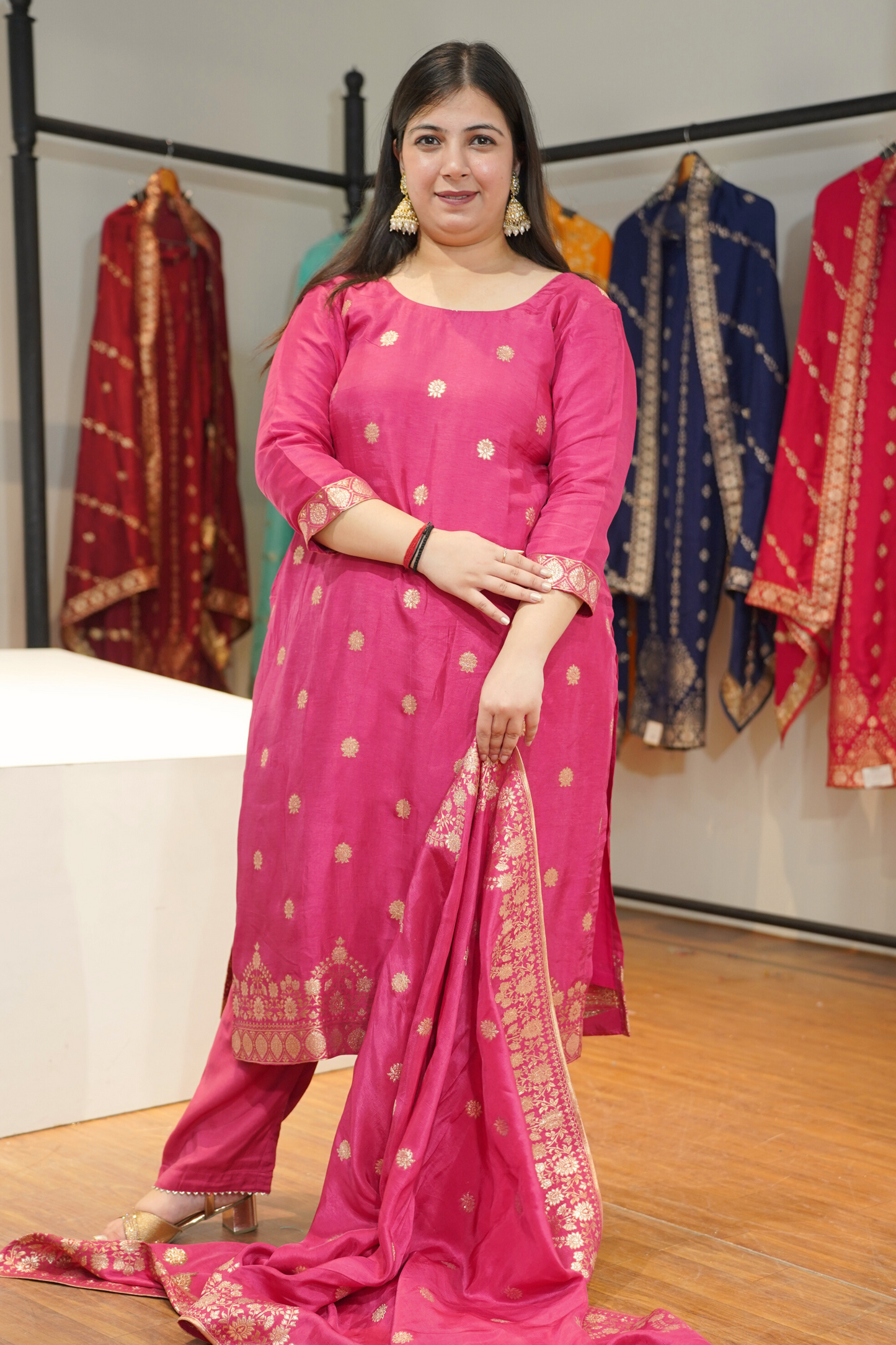 Rohini Pink Jacquard Silk Suit