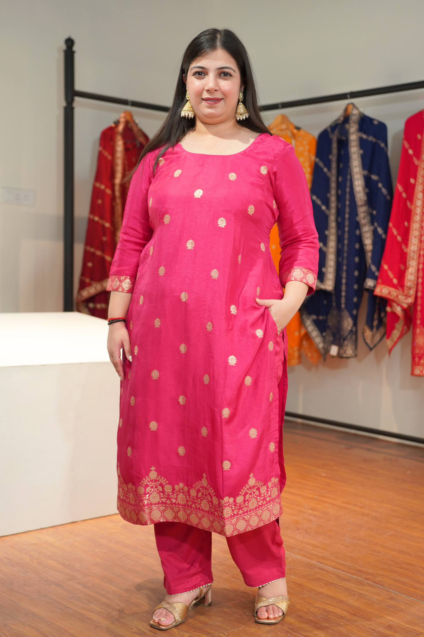 Rohini Pink Jacquard Silk Suit