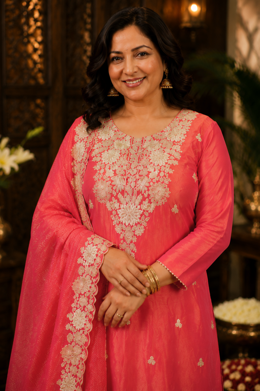 Devyani Tissue Shimmer Suit With Zari Embroidery