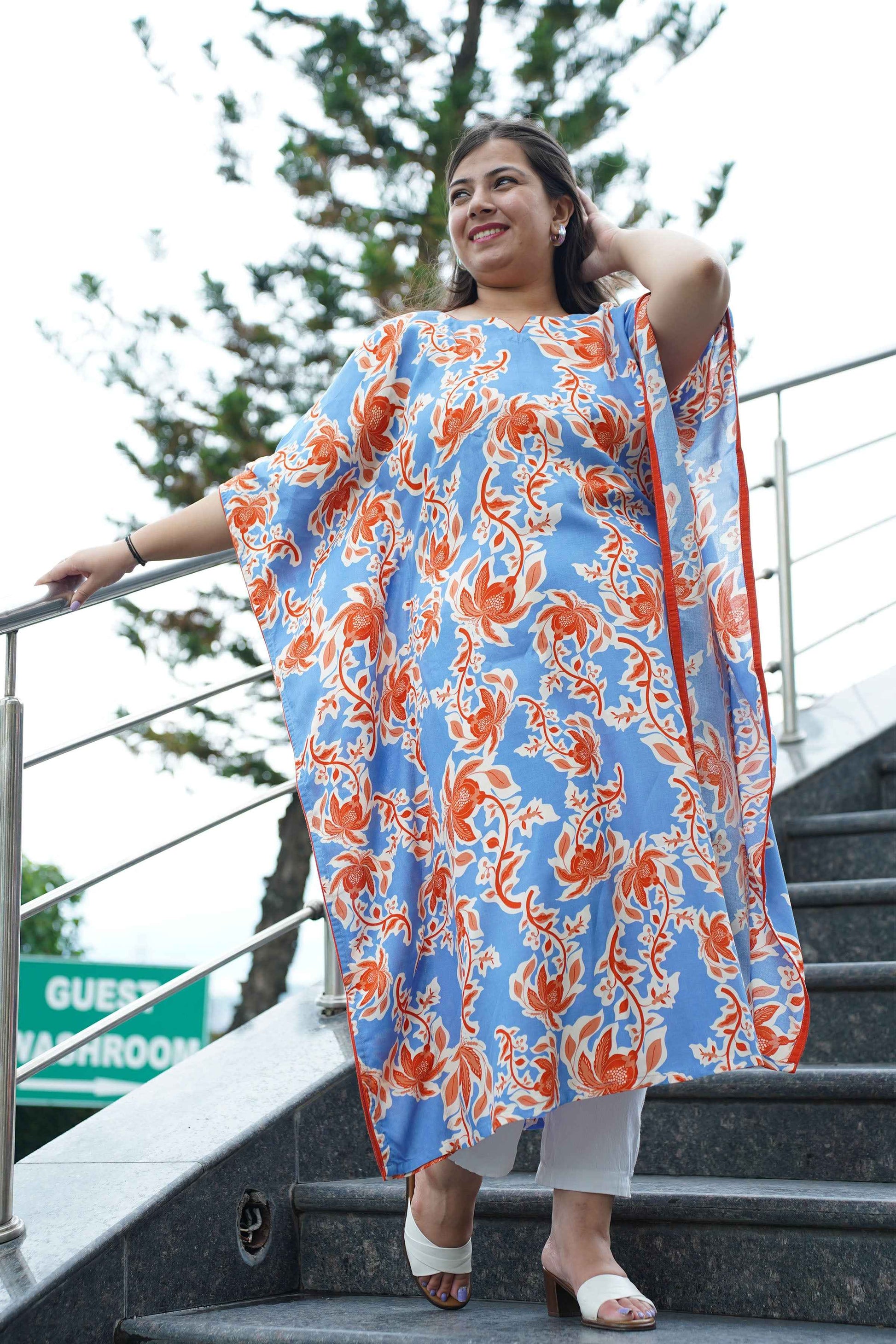 Rusty Blue Floral Rayon Kaftan