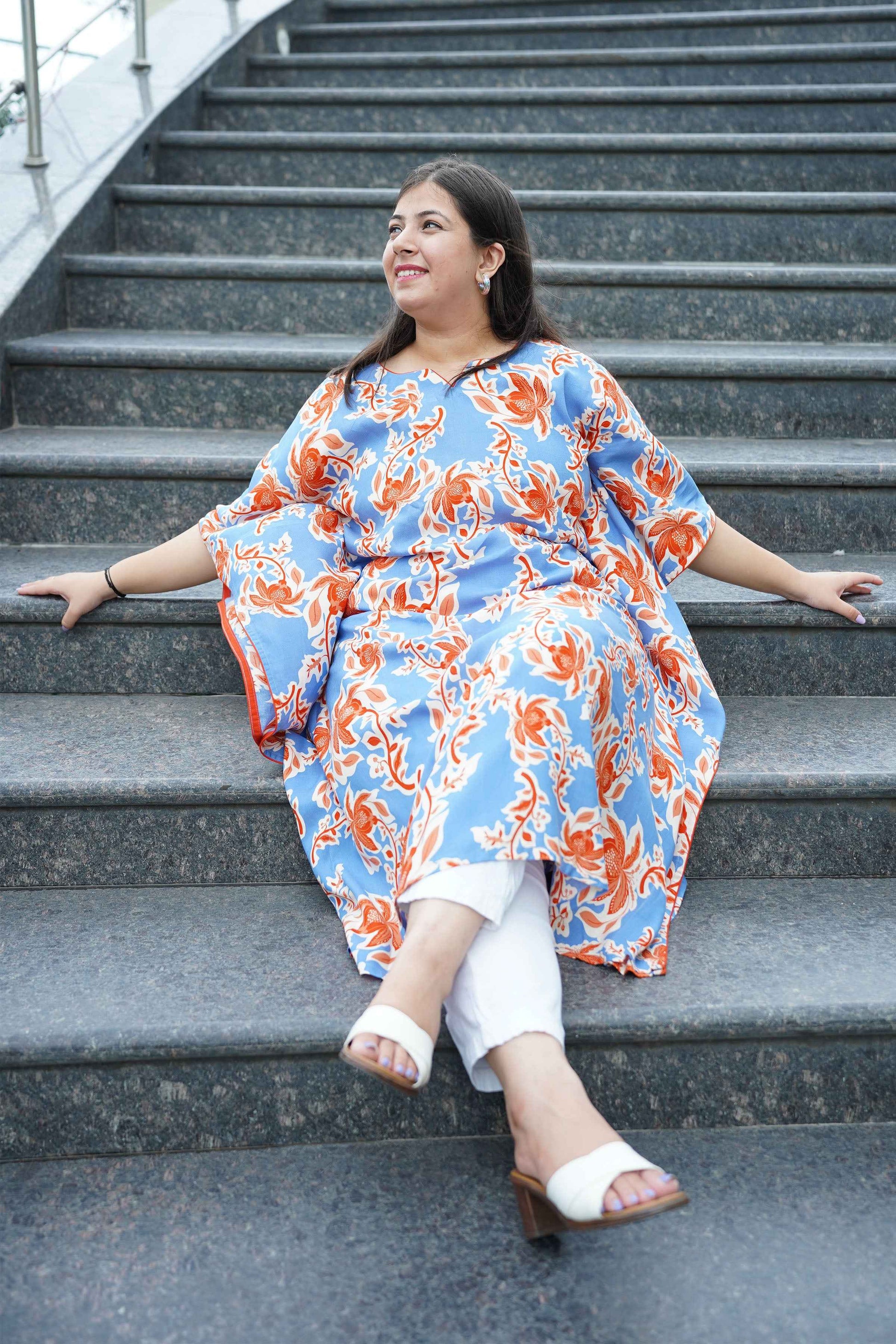 Rusty Blue Floral Rayon Kaftan