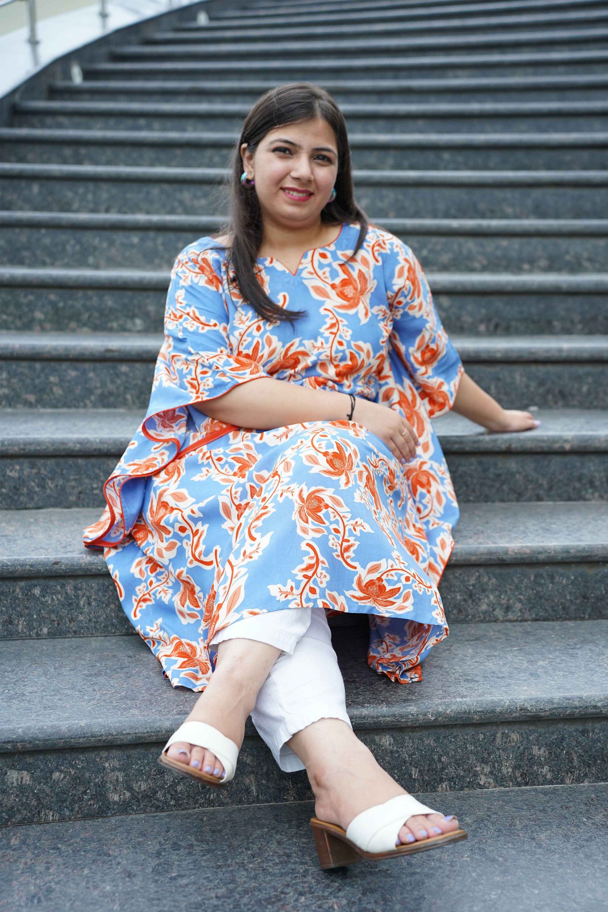 Rusty Blue Floral Rayon Kaftan