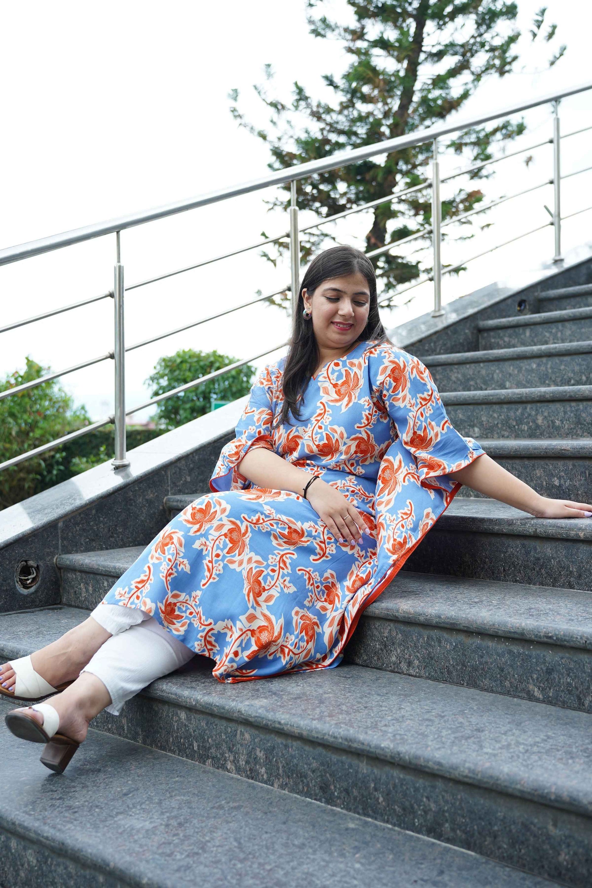 Rusty Blue Floral Rayon Kaftan