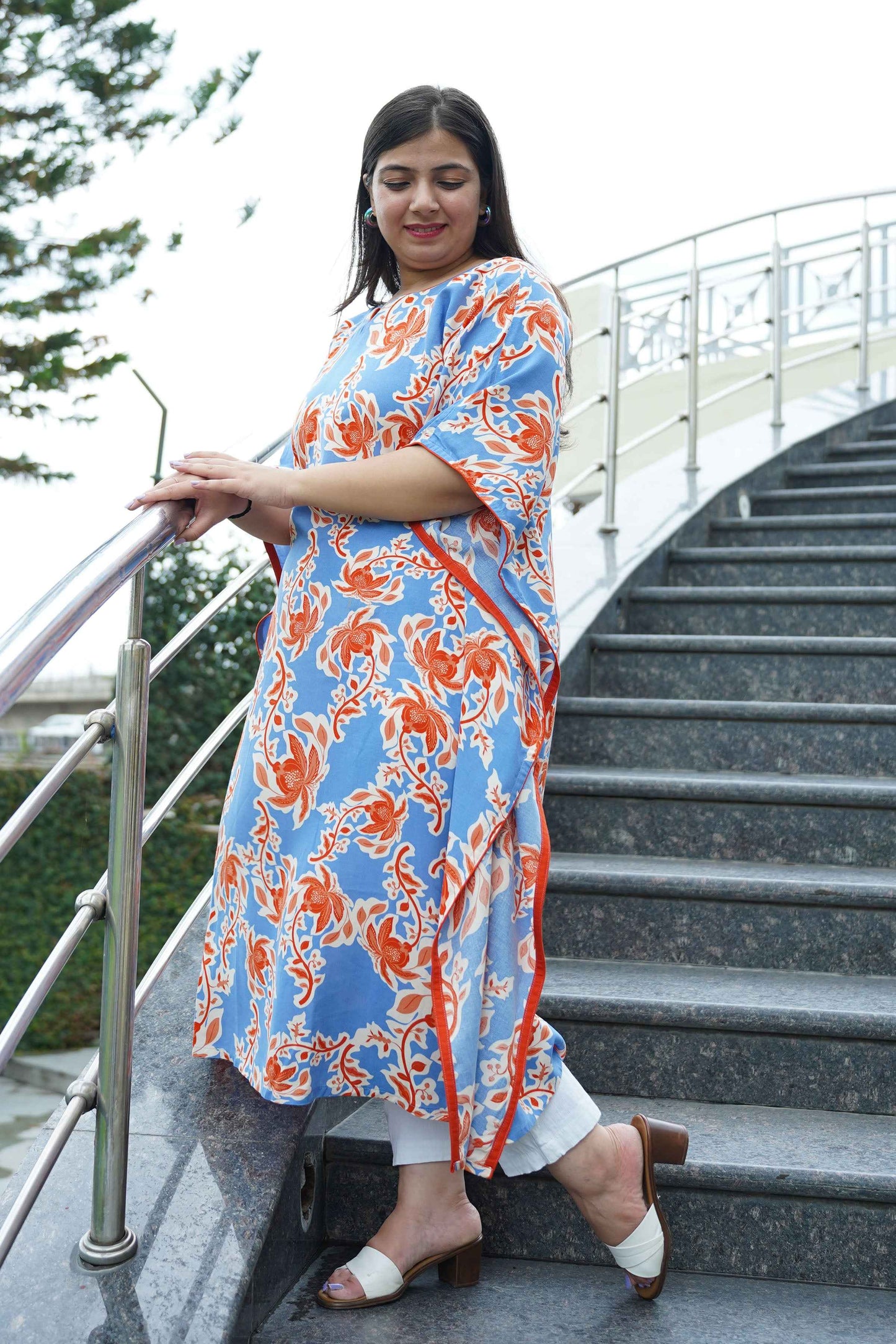 Rusty Blue Floral Rayon Kaftan