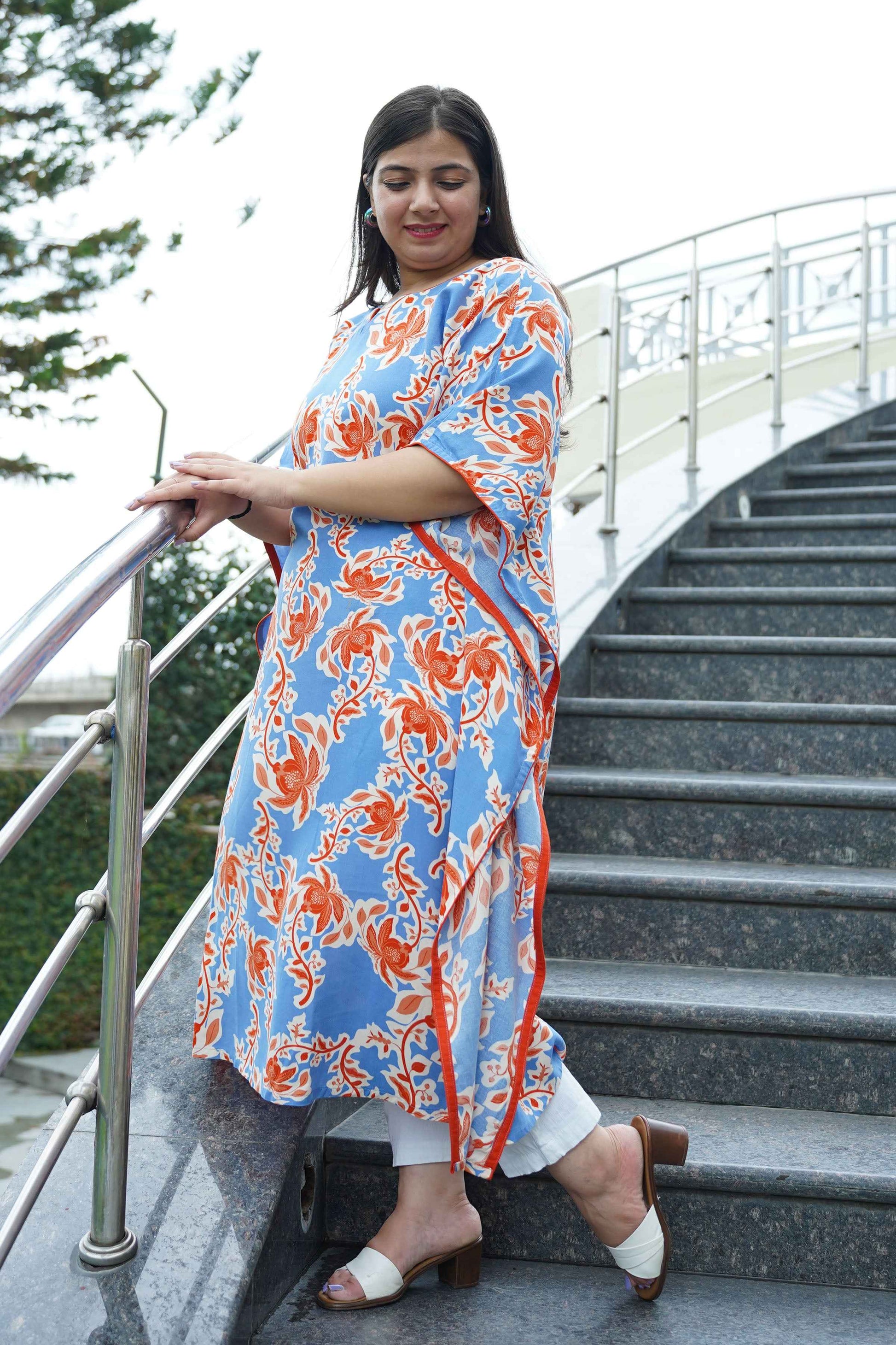 Rusty Blue Floral Rayon Kaftan