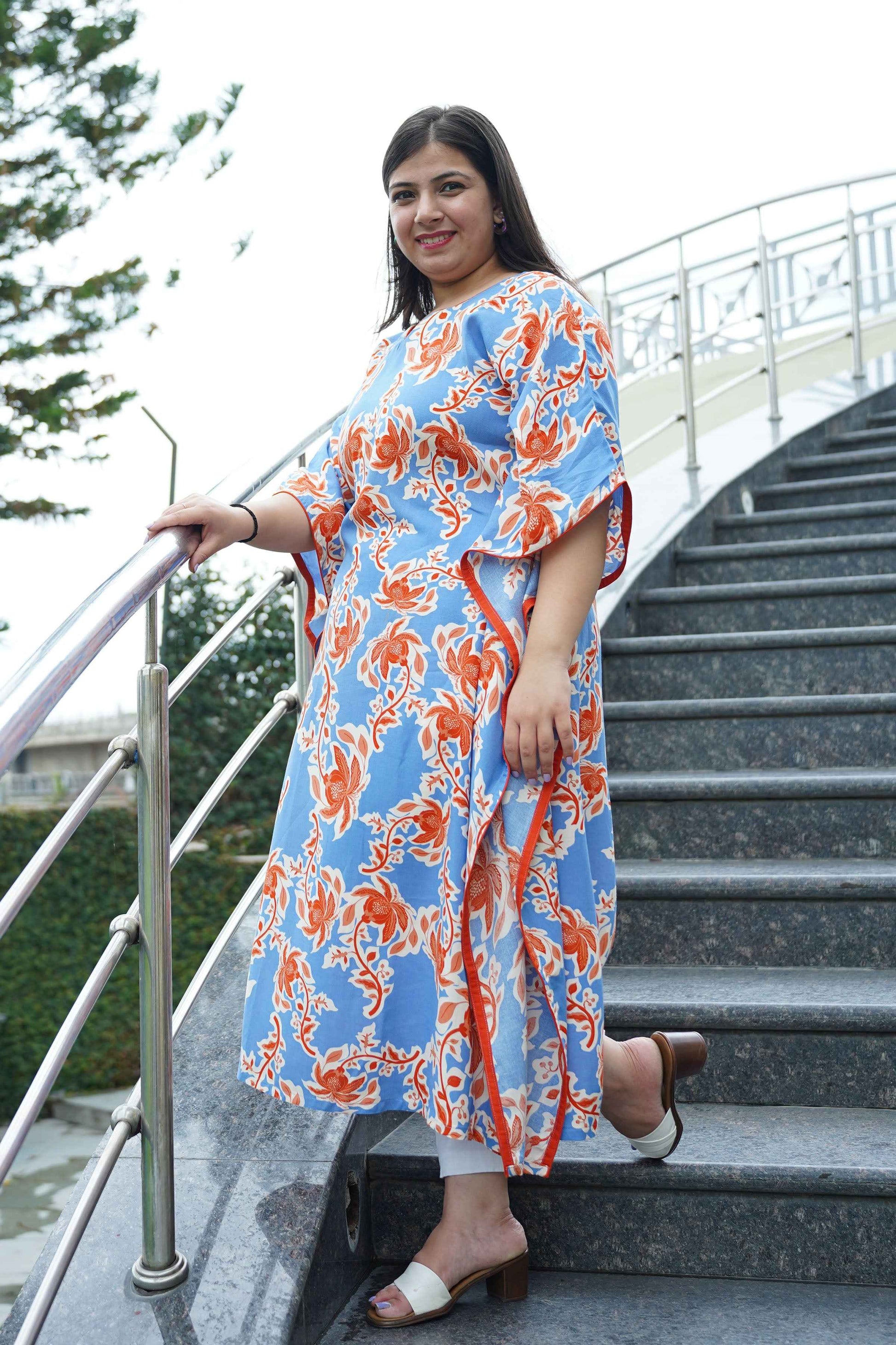Rusty Blue Floral Rayon Kaftan