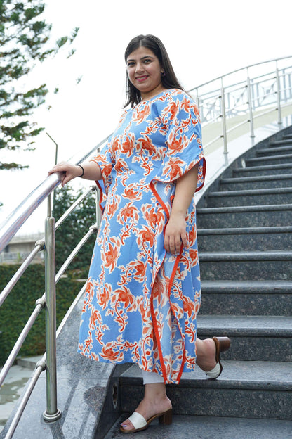 Rusty Blue Floral Rayon Kaftan