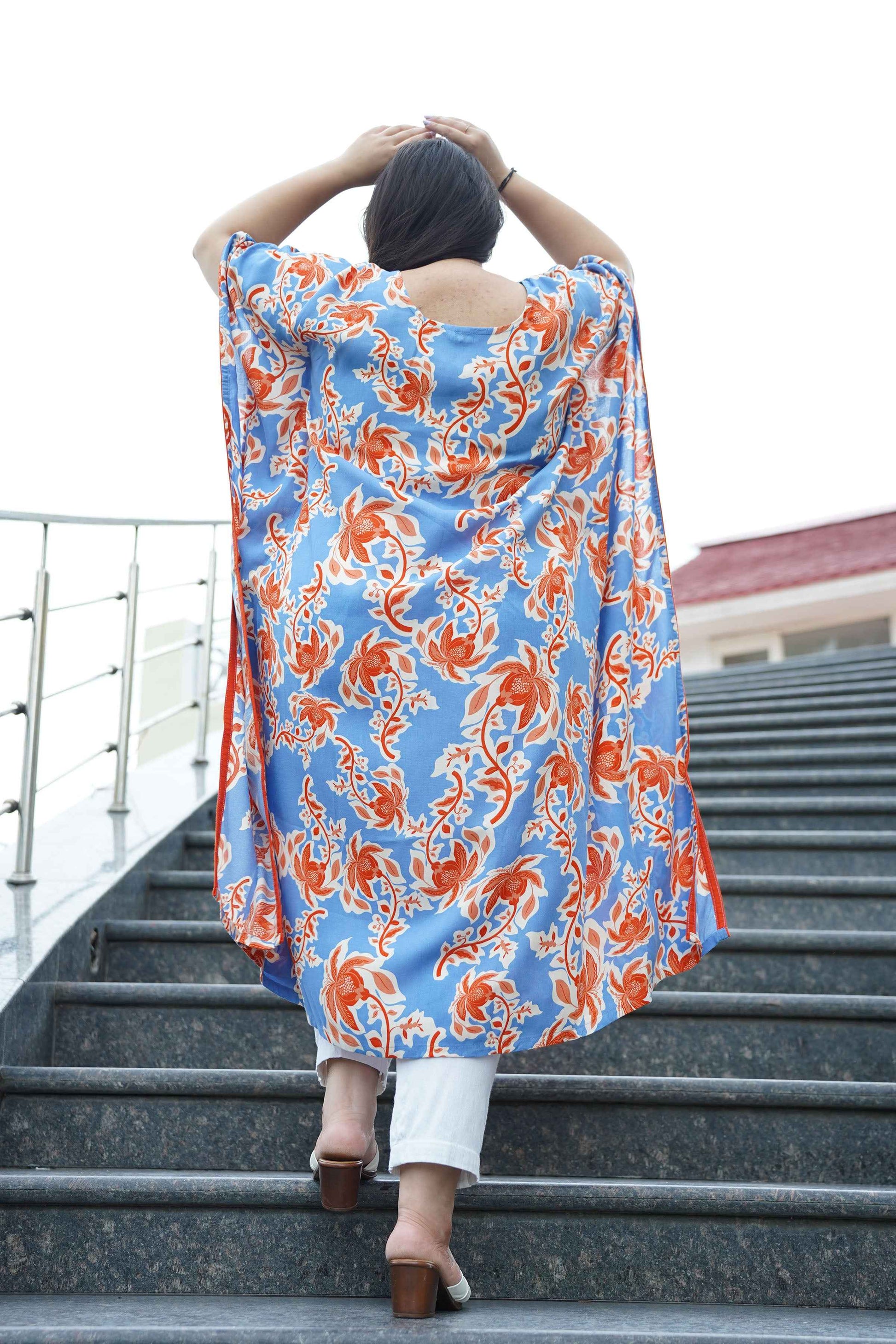 Rusty Blue Floral Rayon Kaftan