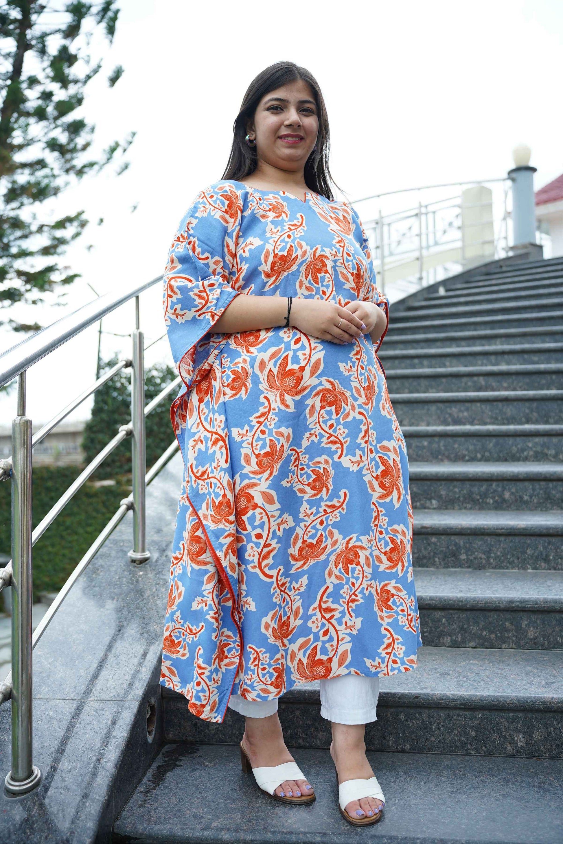 Rusty Blue Floral Rayon Kaftan