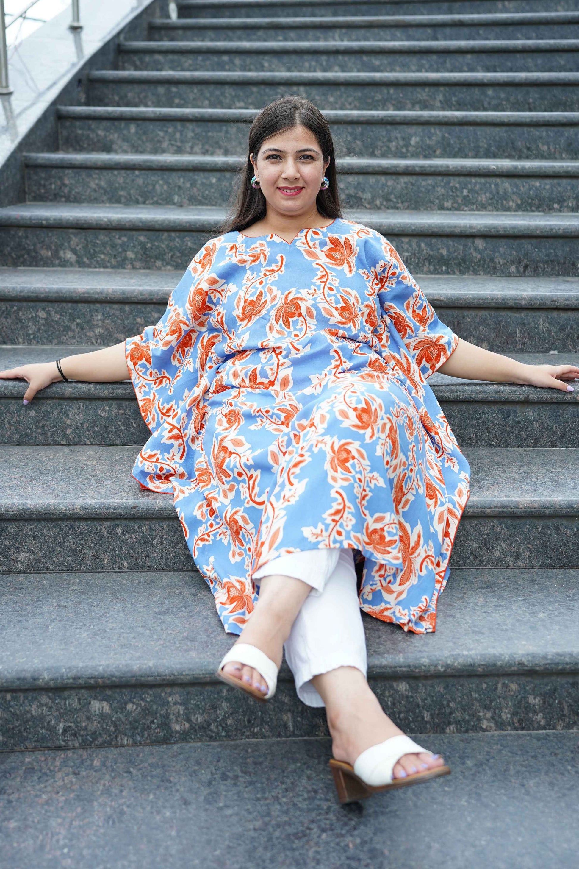 Rusty Blue Floral Rayon Kaftan