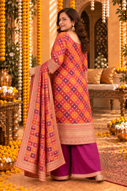 Mrunal Wine Silk Suit With Gold Jacquard Weave